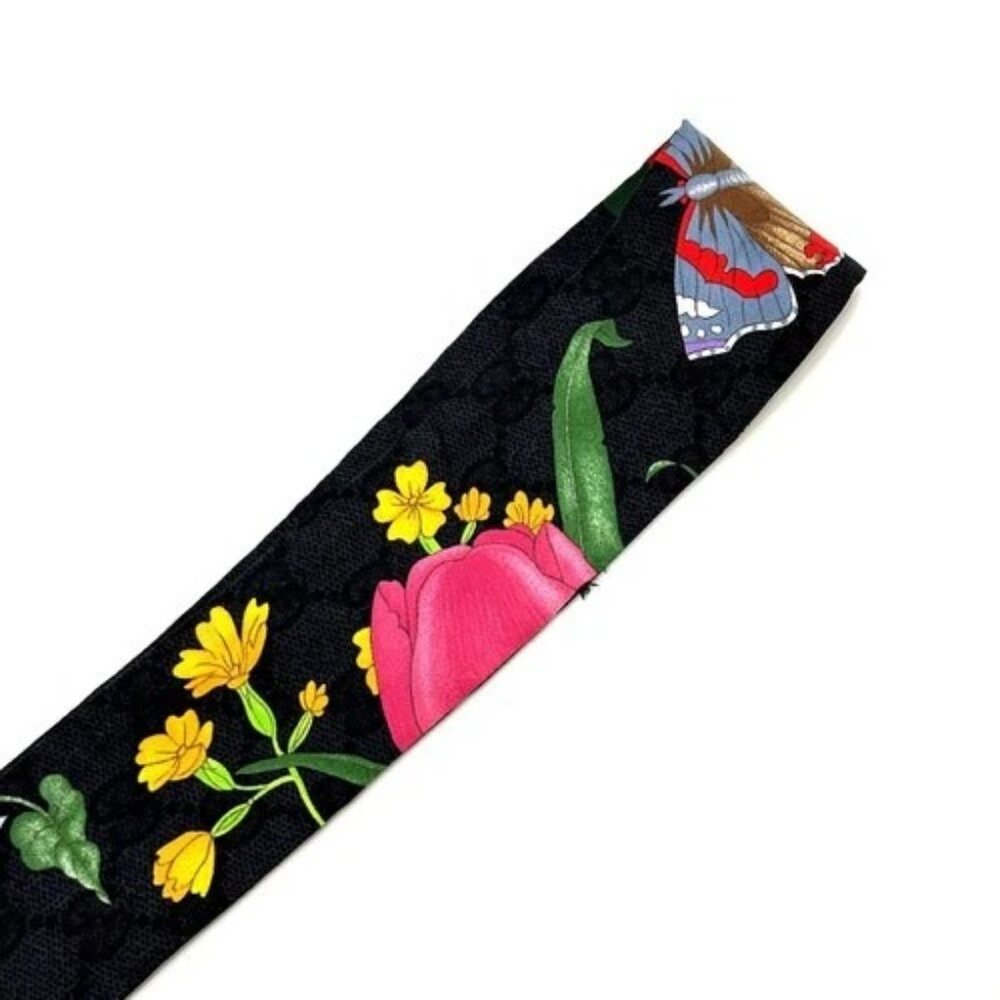 GUCCI 761704 GG Flora print Neck bow Scarf silk Black - Picture 3 of 10